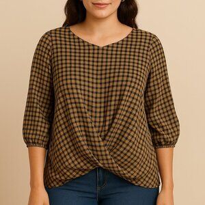 Christopher & Banks 3/4 sleeve yellow flannel print knot front high/low top M